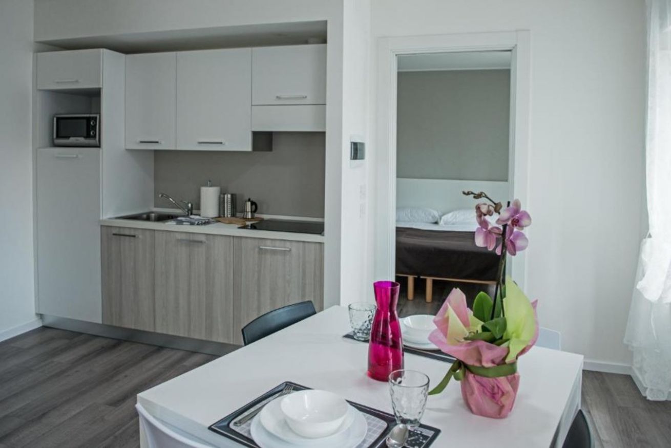 Modern one-bedroom apartment with light-filled dining space and functional kitchen.